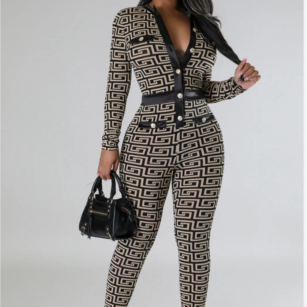 Geometric Patterned Jumpsuit - Black and Cream